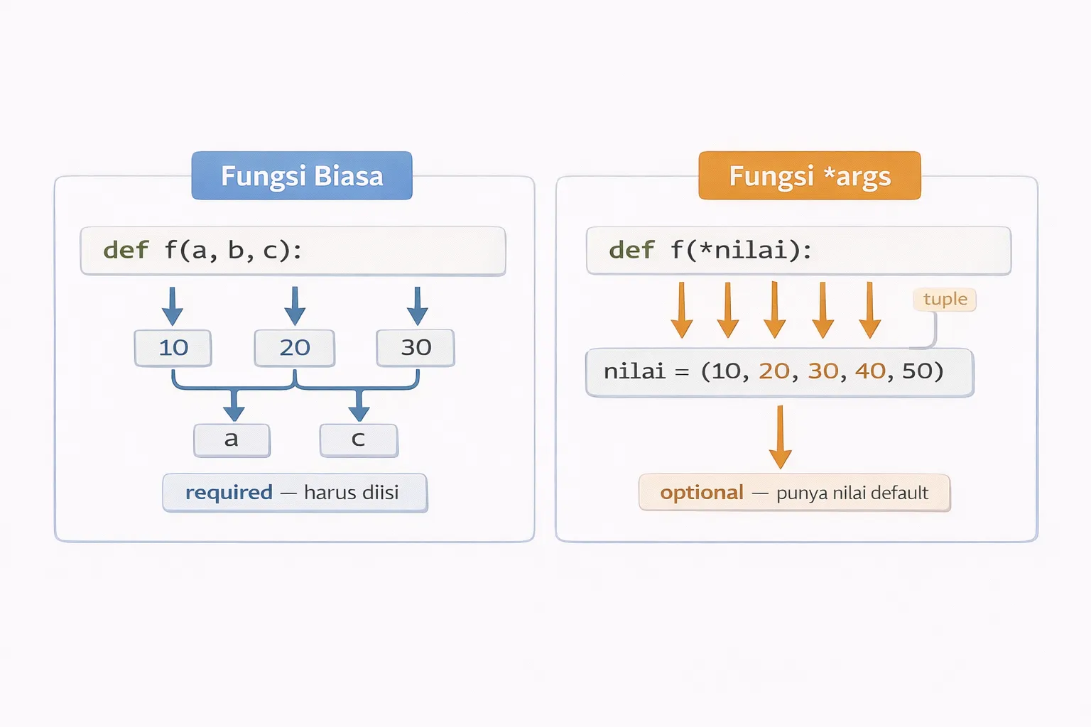 Perbandingan fungsi biasa vs fungsi *args di Python