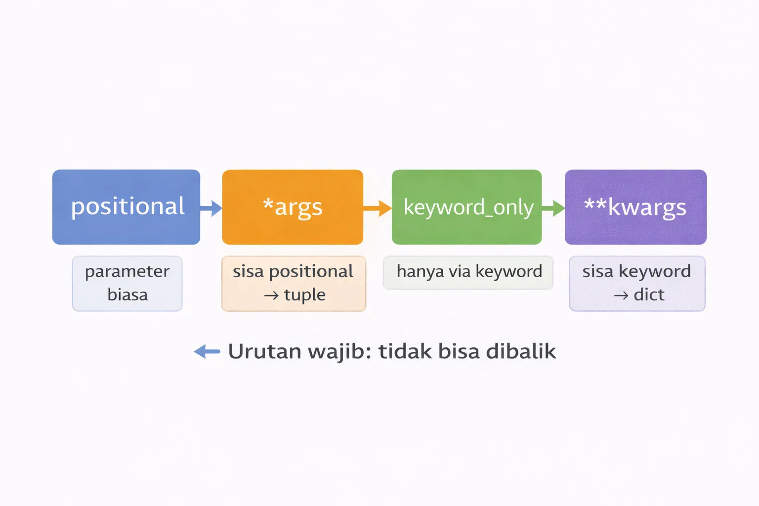 Urutan kombinasi parameter fungsi Python: positional, *args, keyword-only, **kwargs