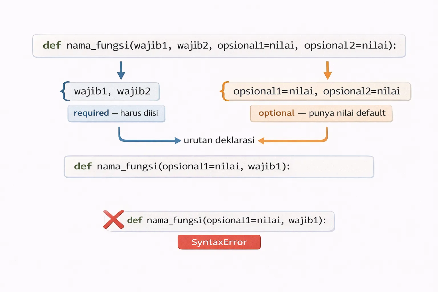 Urutan deklarasi parameter fungsi Python: required sebelum optional