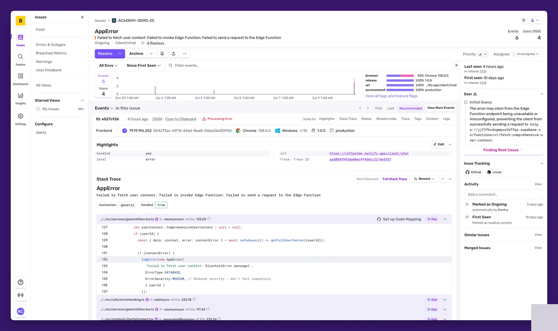Halaman detail issue di Sentry menampilkan stack trace lengkap, informasi browser, tag environment, dan panel Seer untuk analisis otomatis