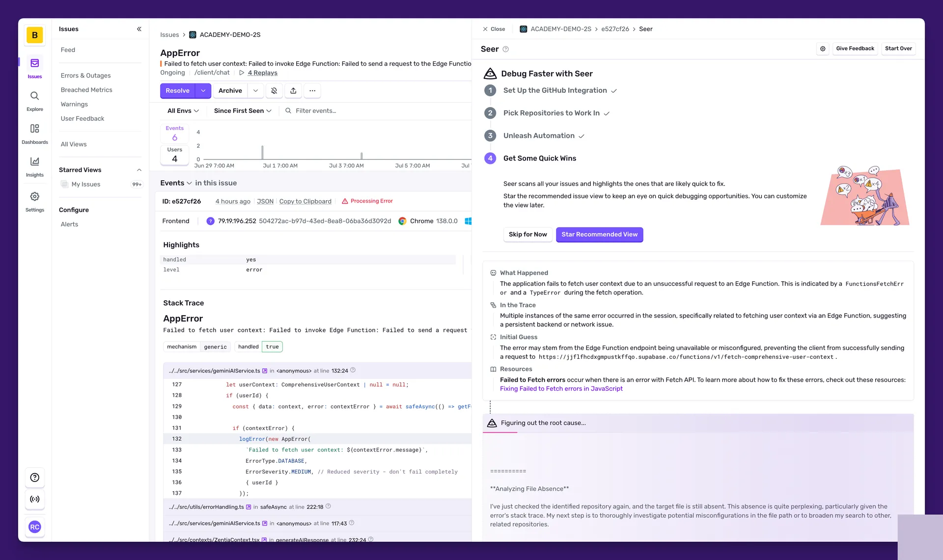 Panel Seer di halaman issue Sentry menampilkan analisis otomatis penyebab AppError, rekomendasi langkah investigasi, dan kemungkinan root cause berdasarkan stack trace