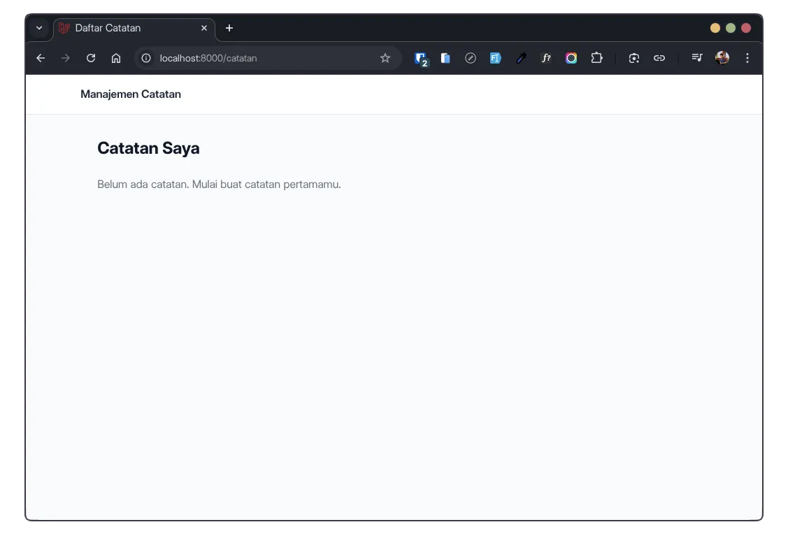 Halaman listing catatan di browser menampilkan pesan tabel kosong