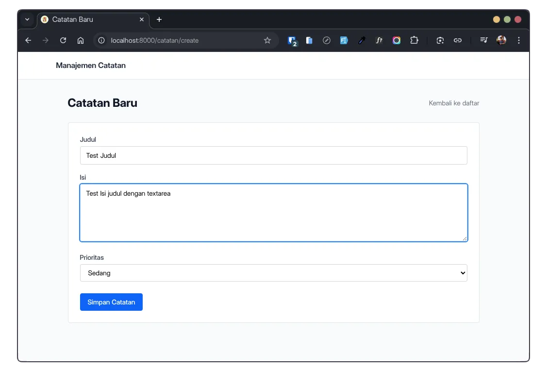 Form create dengan field Judul dan Isi terisi, Prioritas dipilih Sedang