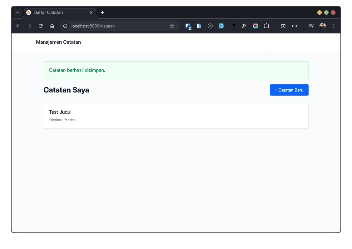 Halaman listing menampilkan pesan sukses hijau dan satu catatan baru di daftar