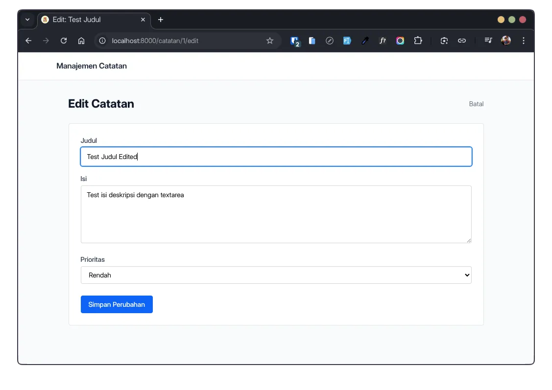 Form edit catatan dengan field judul, isi, dan dropdown prioritas yang sudah terisi data dari database