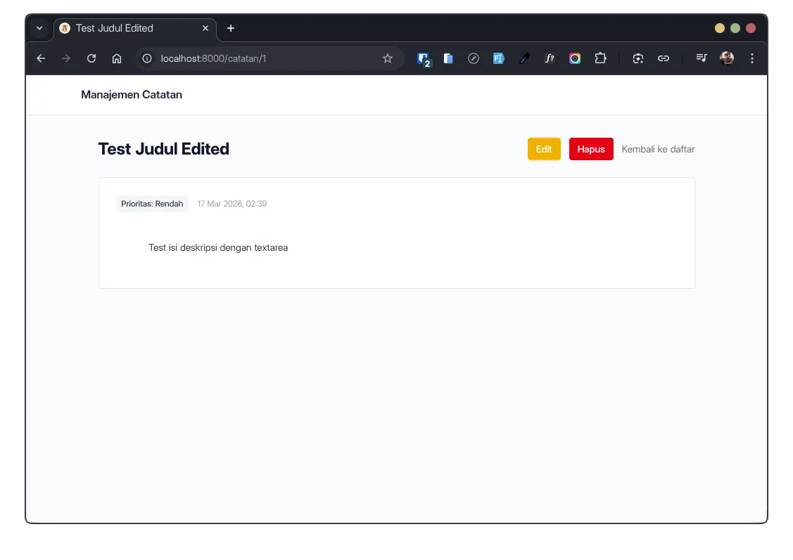 Halaman detail catatan dengan tombol Edit kuning dan tombol Hapus merah di header