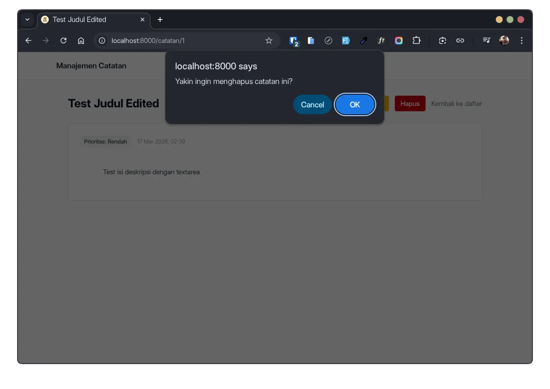 Dialog konfirmasi browser dengan pesan yakin ingin menghapus catatan ini dan tombol Cancel serta OK