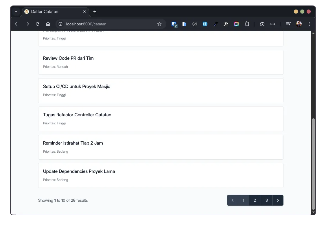 Halaman listing catatan dengan info showing 1 to 10 of 28 results dan navigasi halaman 1 2 3 di bawah