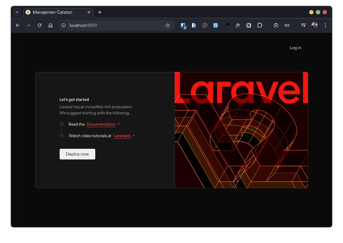 Halaman welcome Laravel default dengan link Log in di pojok kanan atas