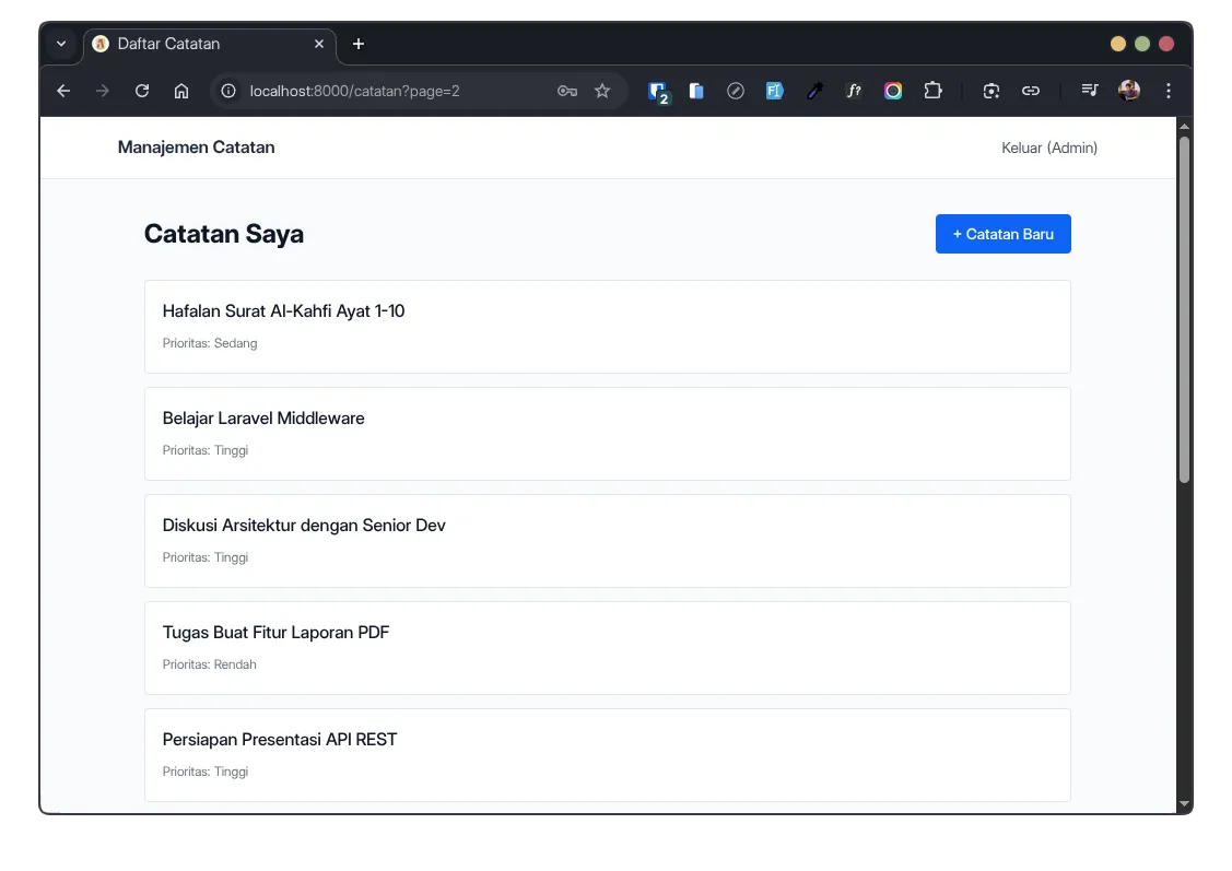 Halaman listing catatan dengan nama pengguna dan tombol Keluar di navbar